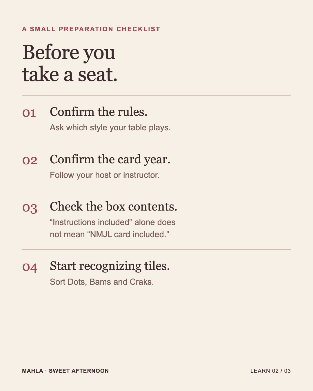 Before your first game: confirm rules, confirm card year, check package contents, then practice identifying tiles