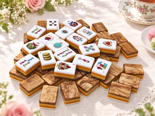 Sweet Afternoon Gold-tone Mahjong tiles in a garden tea scene